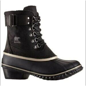 NWT Sorel Winter Fancy Lace II Duck Boots Black Oiled Suede Waterproof Mid-Calf